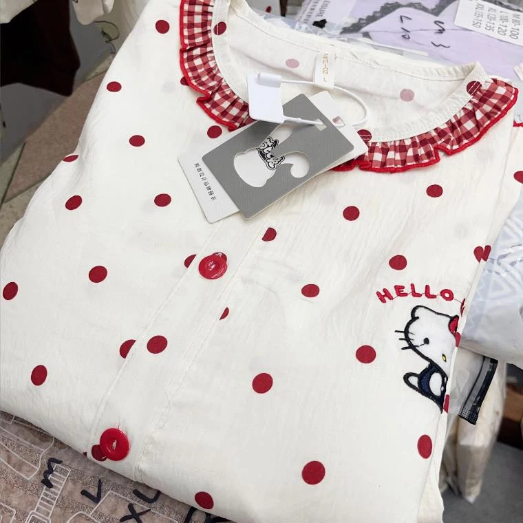 【R517】夏款圆领波点小猫短袖短裤+长裤三件套+胸垫【开衫款】