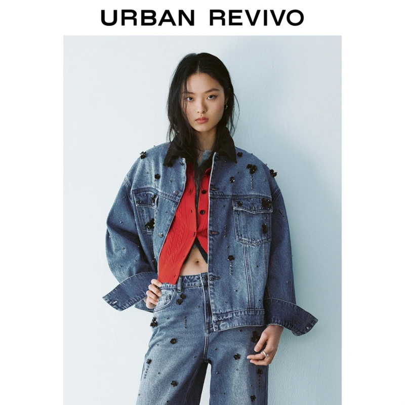 UR2025秋季新款女装时髦立体花朵钉珠装饰牛仔外套UYU850018