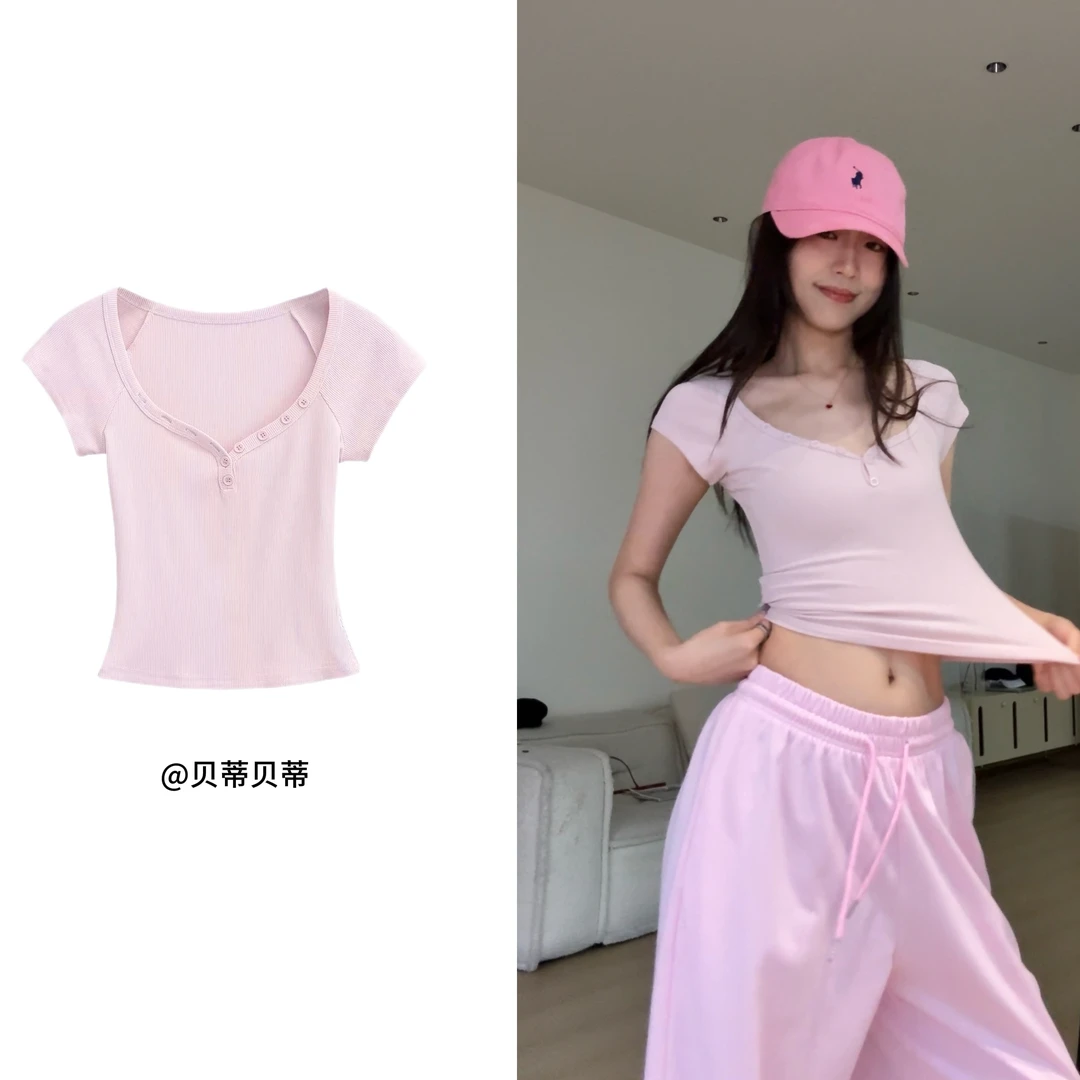 美式性感正肩桃心领T恤夏季女修身纯欲显瘦辣妹短款纽扣紧身上衣