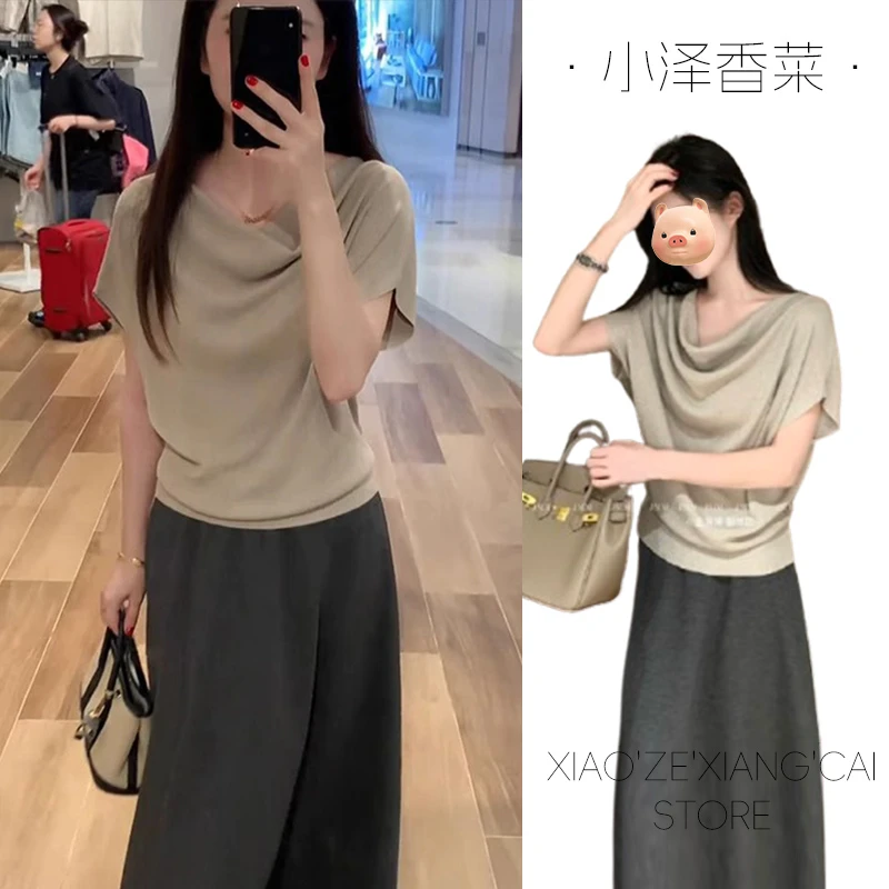 老钱风穿搭法式不规则荡领一字肩针织短袖T恤女夏季宽松斜肩上衣