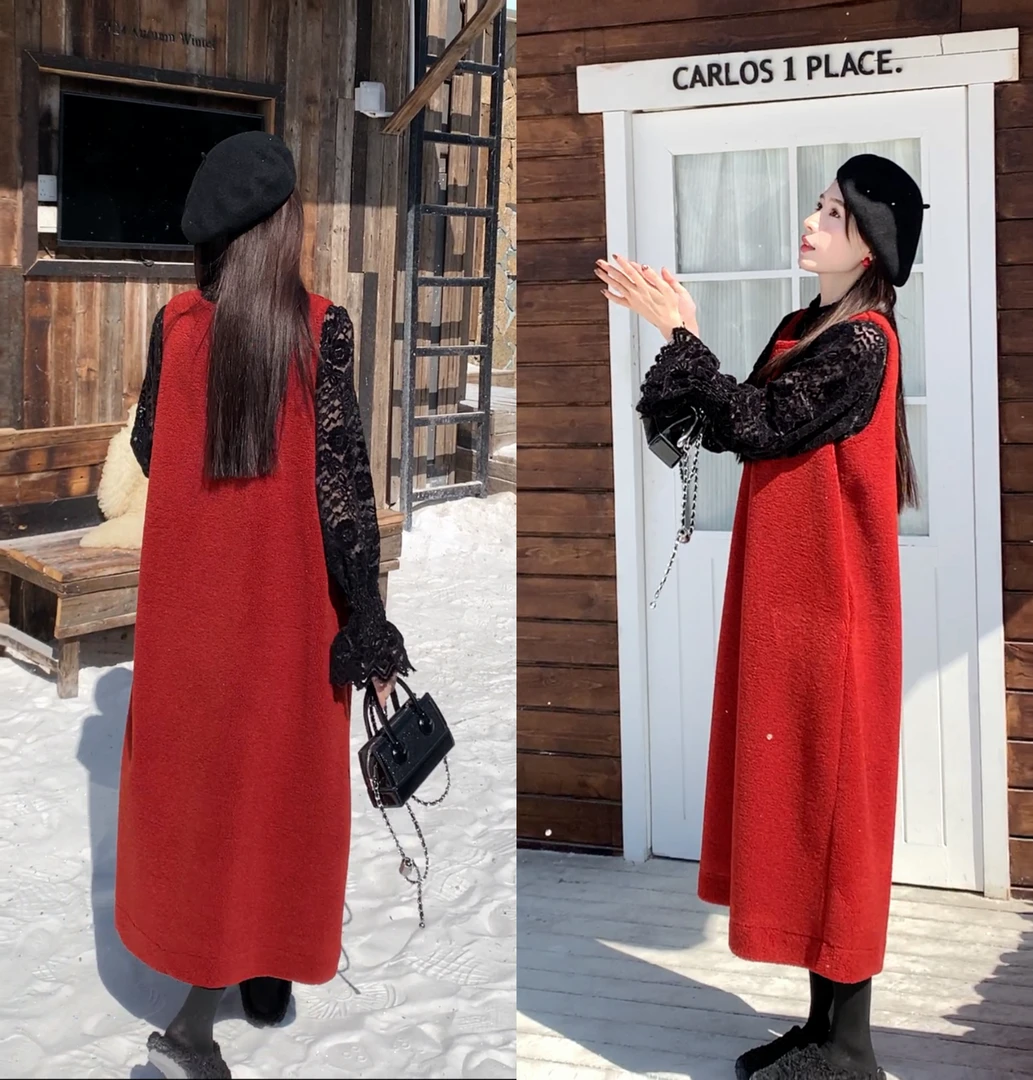 【温小柔定制.山楂妹妹】冬季宽松大码减龄娃娃款红色厚马甲连衣裙