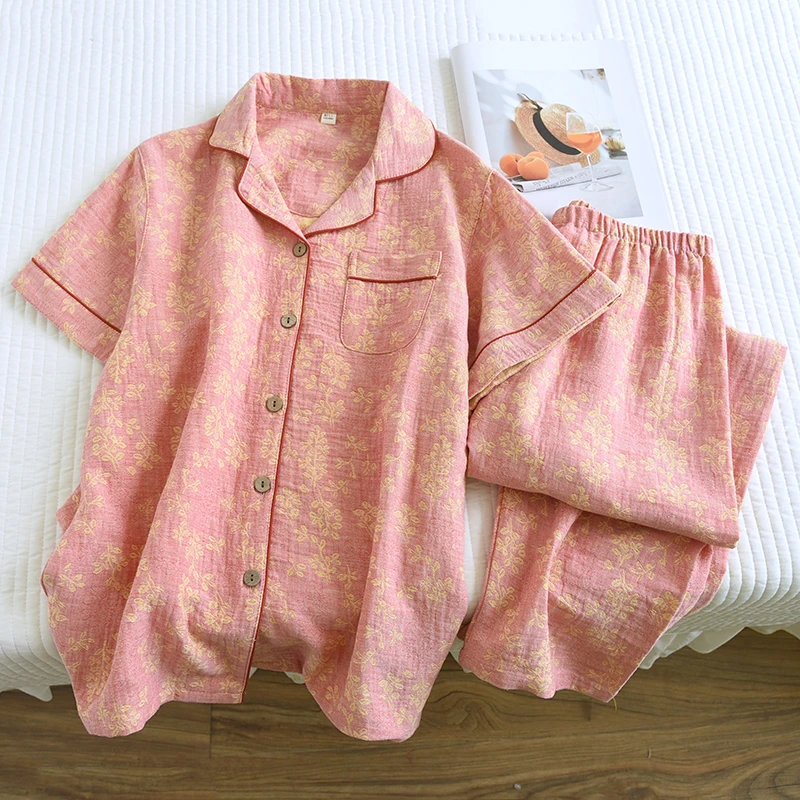 【短袖长裤】A类新款全棉双层棉纱女士家居服睡衣套装翻领款四季穿