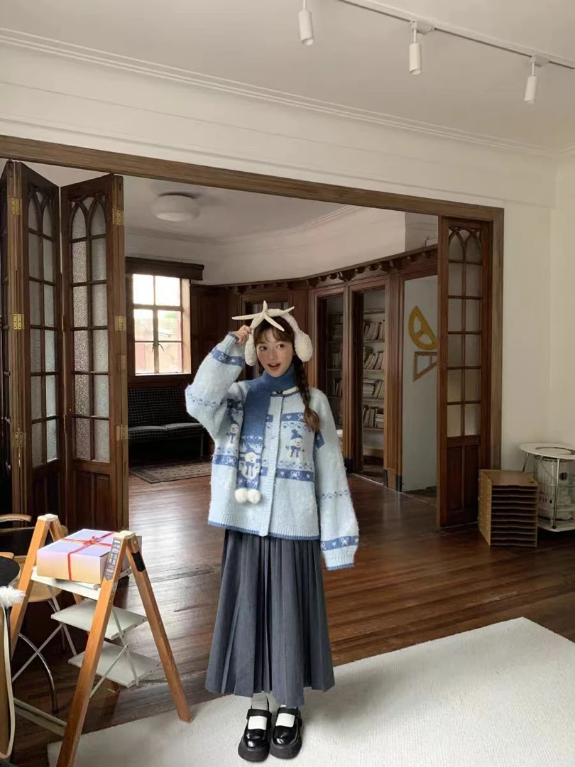 8799韩系穿搭费尔岛毛衣宽松慵懒针织开衫撞色围巾