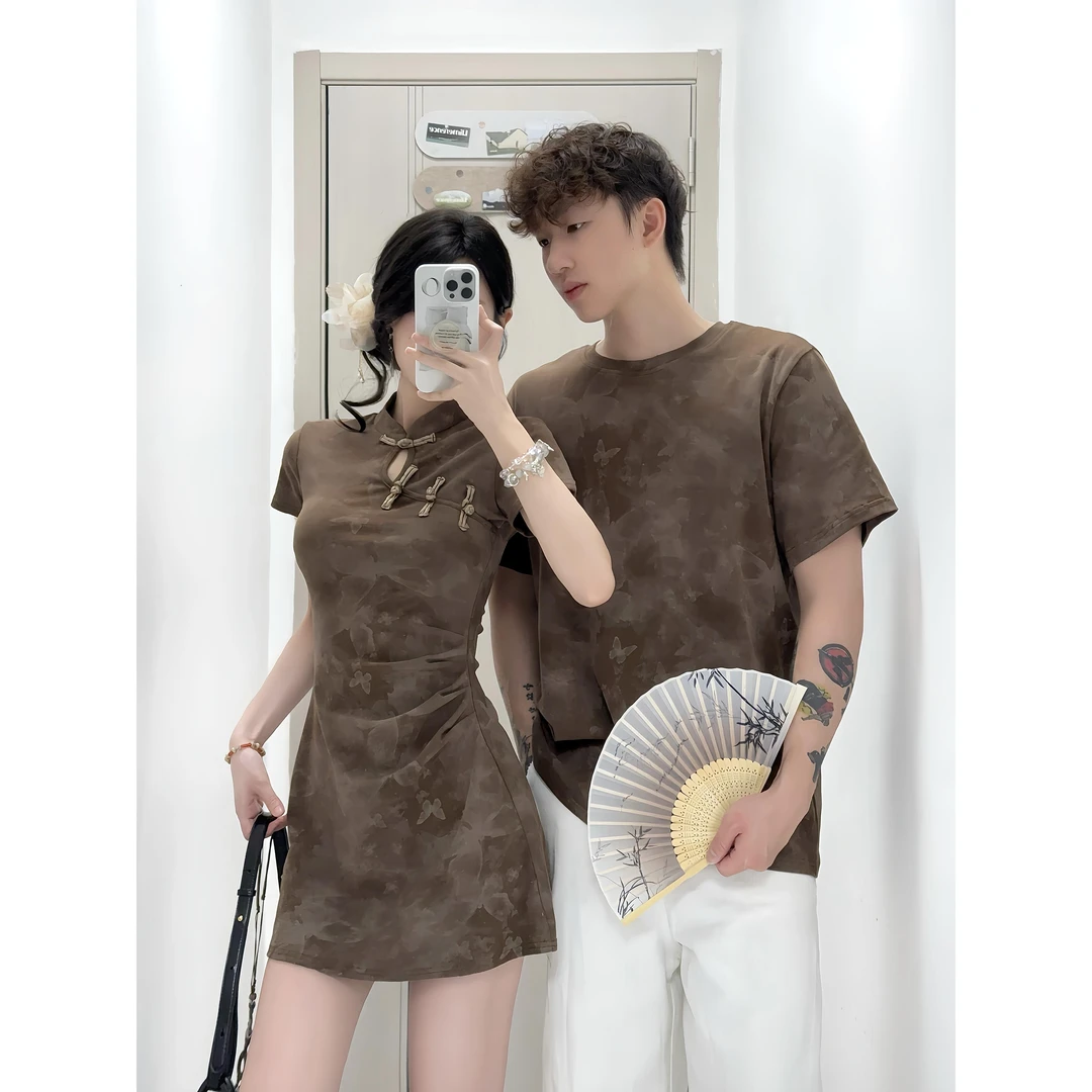 新中式情侣装夏季小众短袖t恤女旗袍连衣裙法式一裙一衣潮男上衣