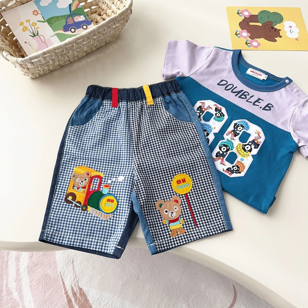 外贸日系Miki童装25夏新可爱小熊小火车刺绣拼接格子六分短裤7051