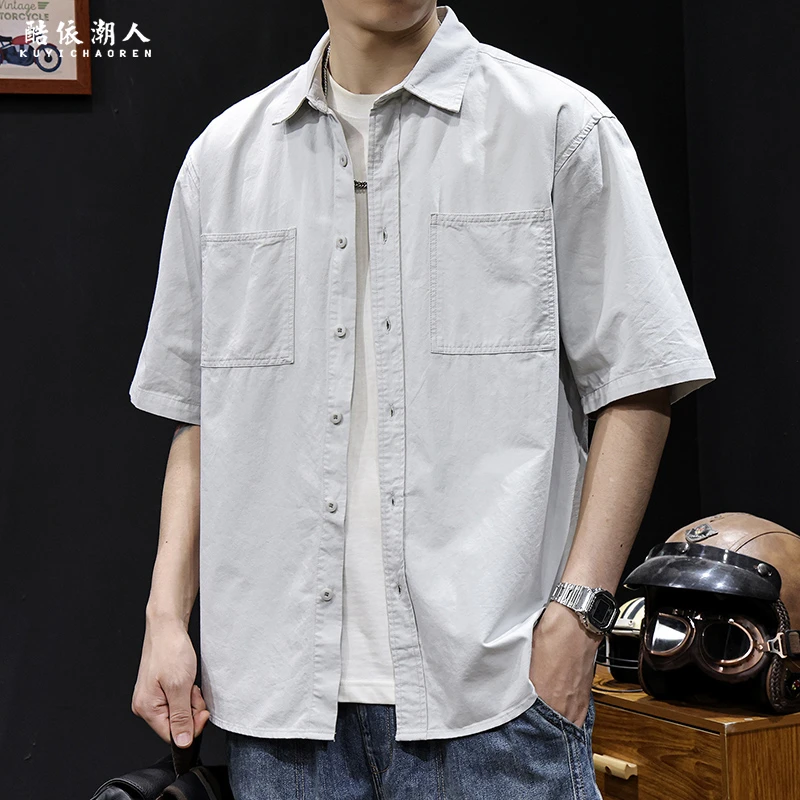 口袋山系户外短袖衬衫男日系高级感春季2025新款衣服百搭大码夏季