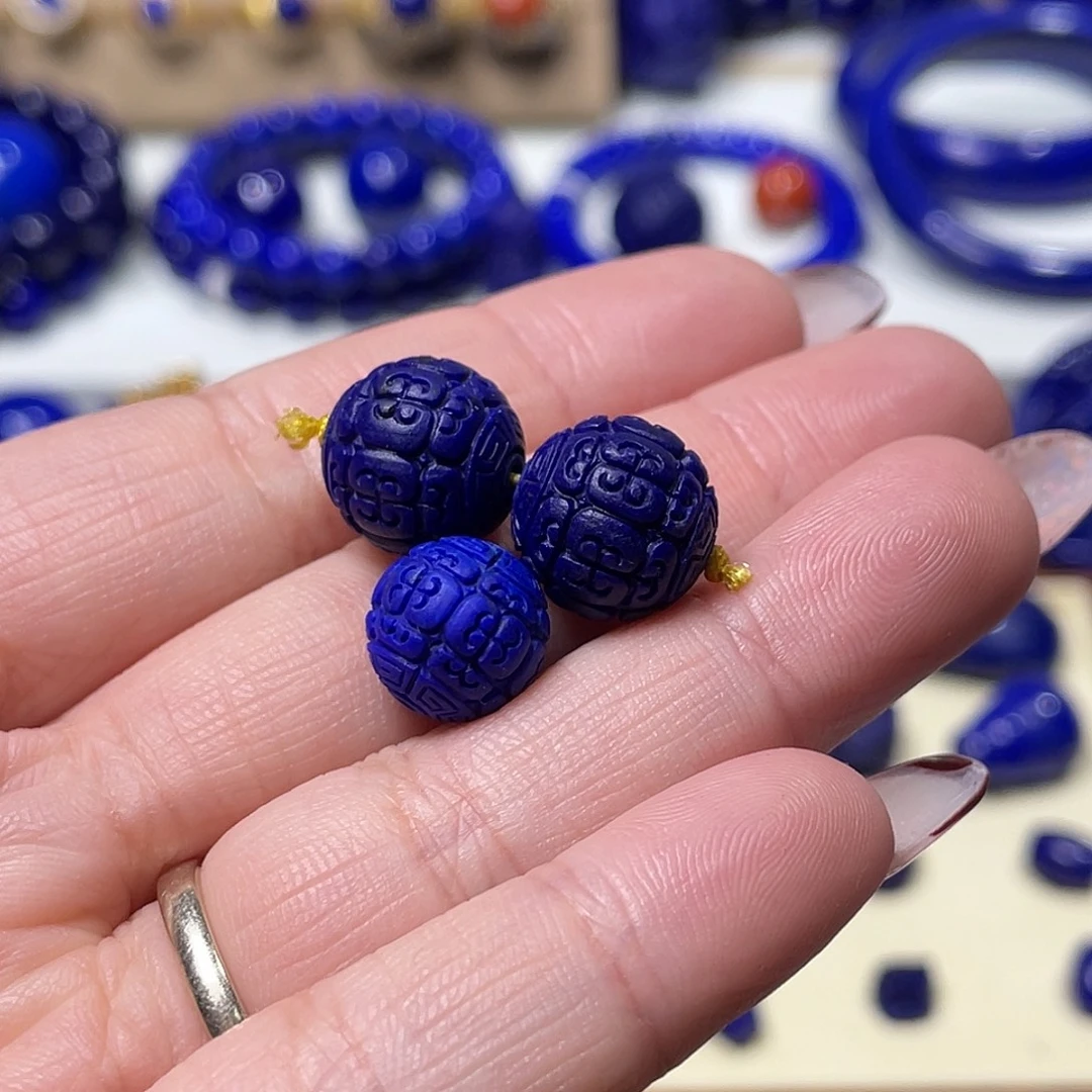 小****青金石未镶嵌精品回纹对珠13mm顶珠11mm
