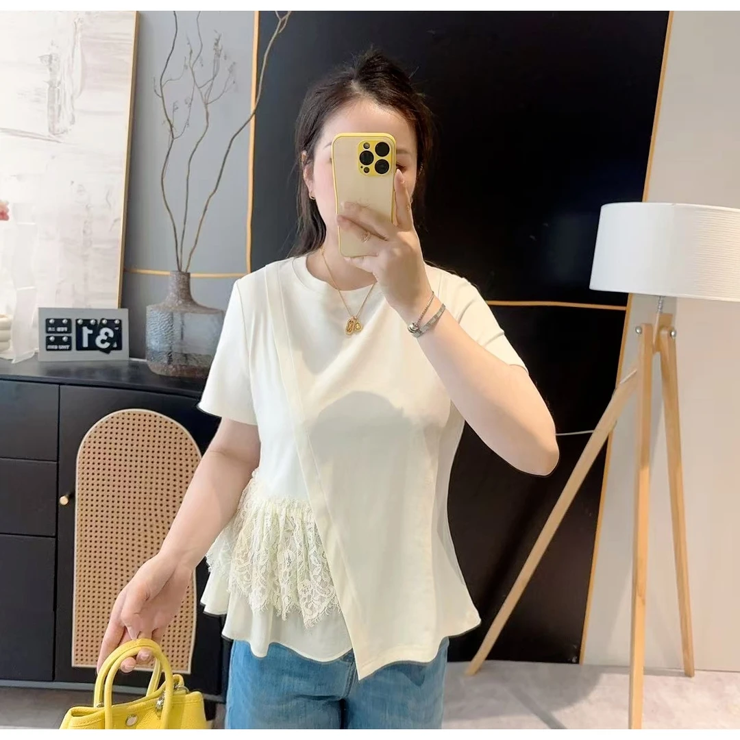 【欧加粒粒】蕾丝花边拼接不规则短袖T恤~2025夏季宽松圆领 H82528