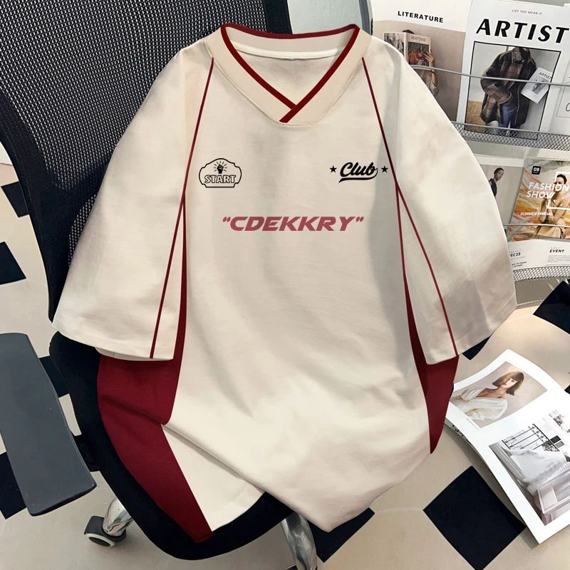 jtrt美式拼接设计感字母印花纯棉短袖男女t恤夏季燕麦拼酒红上衣