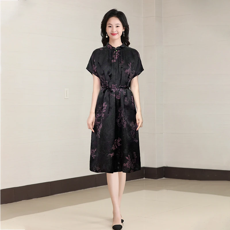 DH-HC098香云纱真丝连衣裙新款女气质显瘦复古高端桑蚕丝