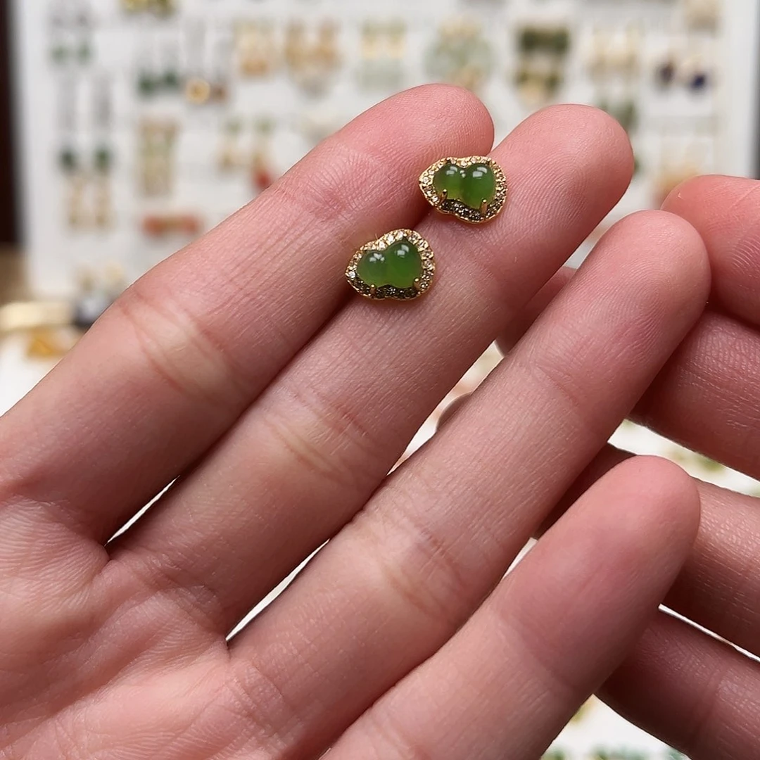 银S925镀金镶嵌和田玉耳钉