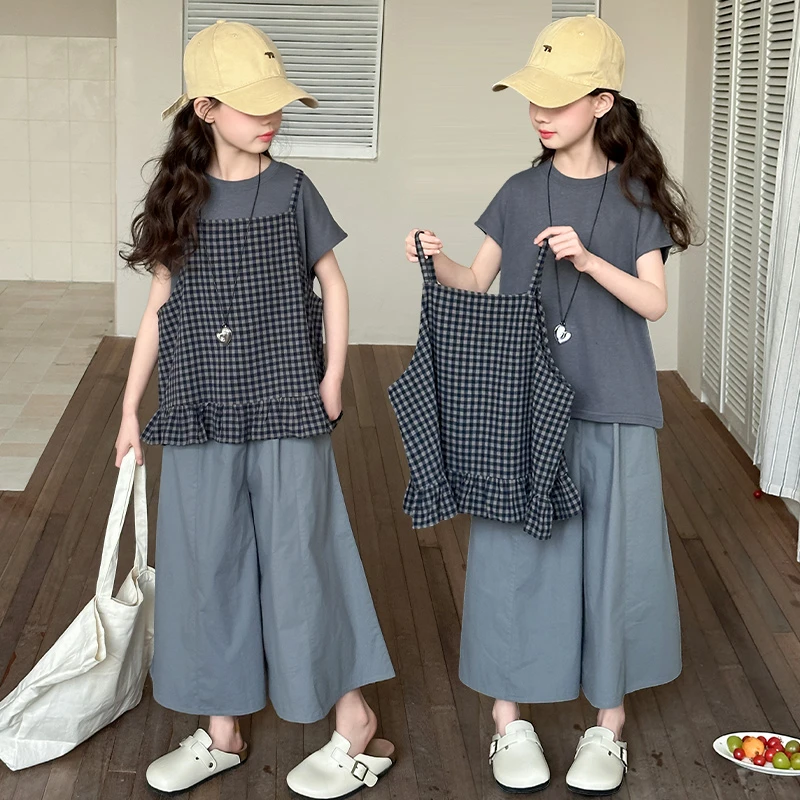 女童夏季套装2025新款韩版洋气格子上衣阔腿裤女孩三件套夏装衣服