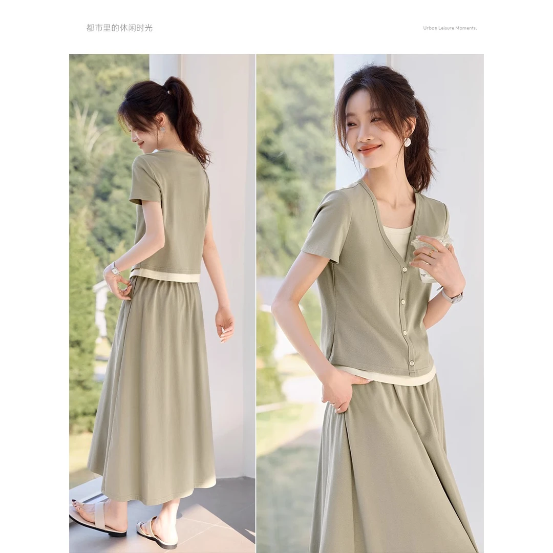 撞色假两件休闲T恤半身裙套装2025夏季新款设计感女套装短袖显瘦