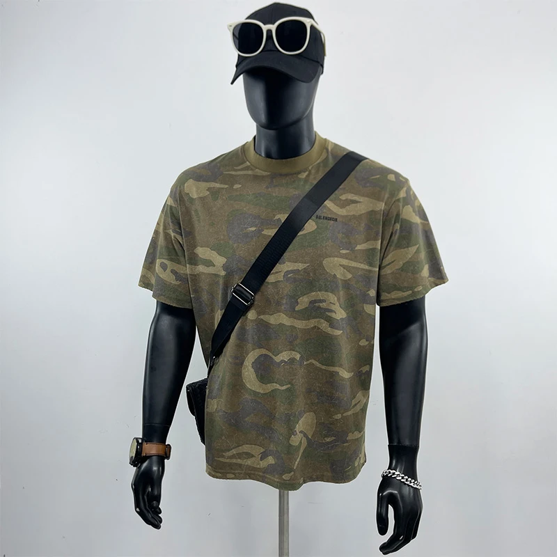 夏季新款定位硅胶字母迷彩短袖T恤男士美式工装水洗宽松圆领体恤