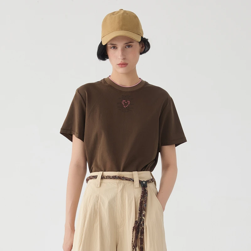 谜底古铜色T恤短袖女2025春季新品圆领刺绣百搭宽松上衣251MT0005