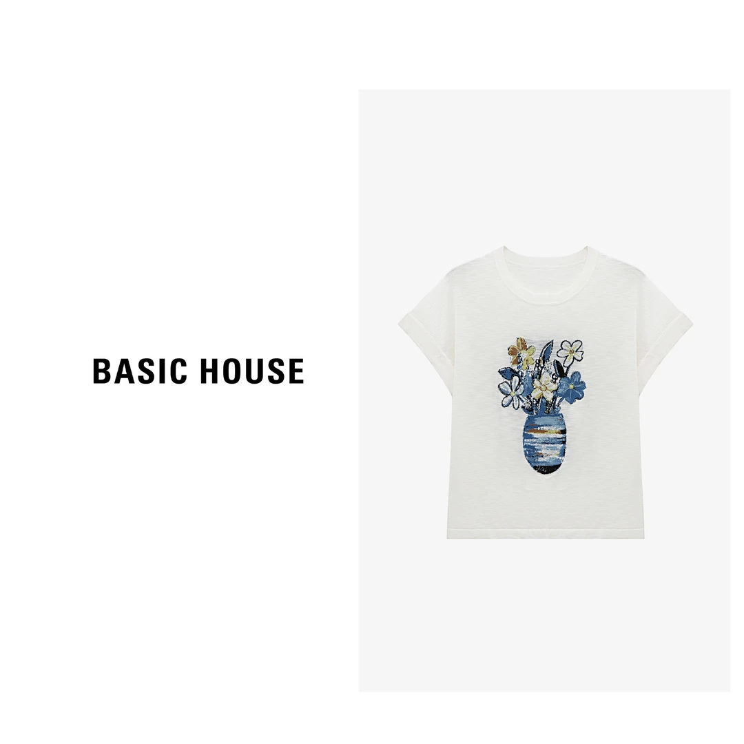 Basic House/百家好休闲舒适卡通印花圆领短袖针织衫-B0625B5CKF2