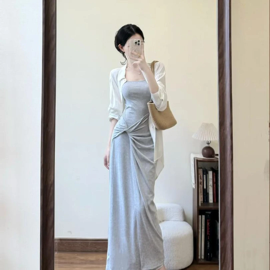 B234新款夏日ootd穿搭一整套女防晒衬衫上衣搭配扭结吊带连衣裙女