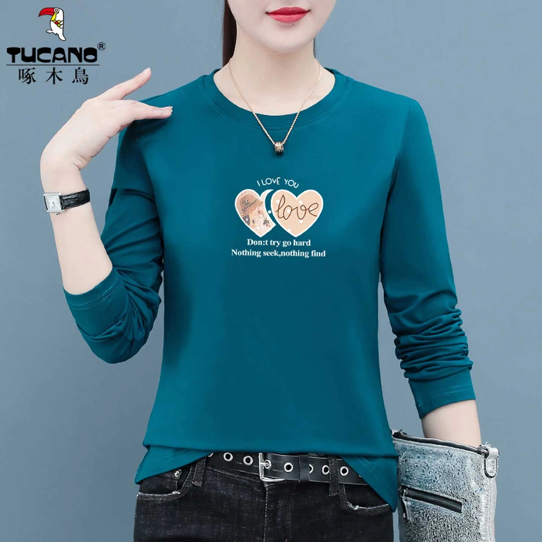 啄木鸟纯棉长袖t恤女2025年春秋新款中年妈妈宽松休闲打底衫上衣T