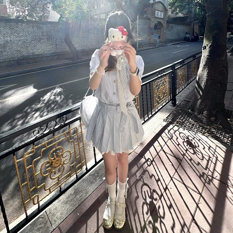 2025新款韩系学院风条纹衬衫连衣裙子女夏季miu系穿搭收腰a字短裙