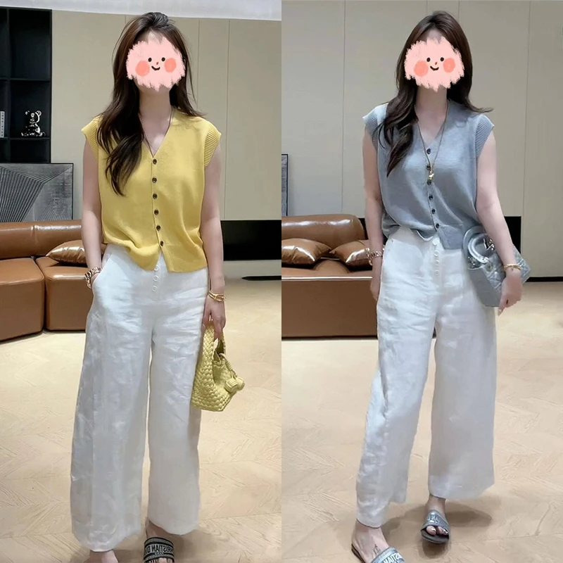 2025夏季新款简约气质百搭V领针织短袖上衣T设计感时尚阔腿裤套装