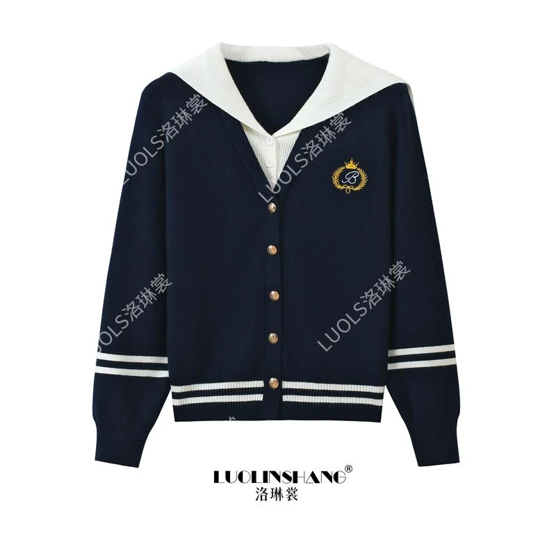 2025撞色假两件海军领针织开衫韩系秋冬软糯休闲学院风针织上衣女