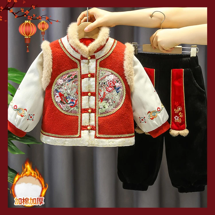2025新款冬季加厚保暖儿童唐装男女童新年礼服红色喜庆过年衣服