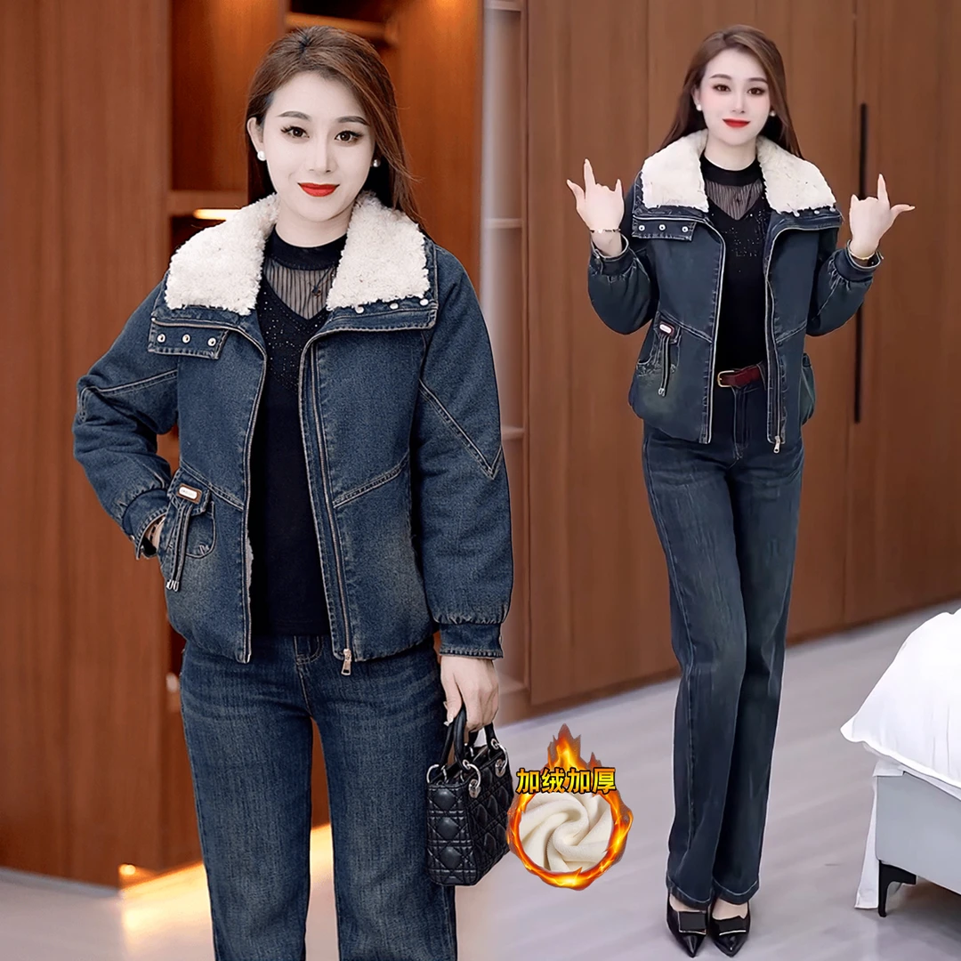 加绒加厚休闲时尚牛仔短外套女冬季新款宽松显瘦保暖夹克棉袄上衣