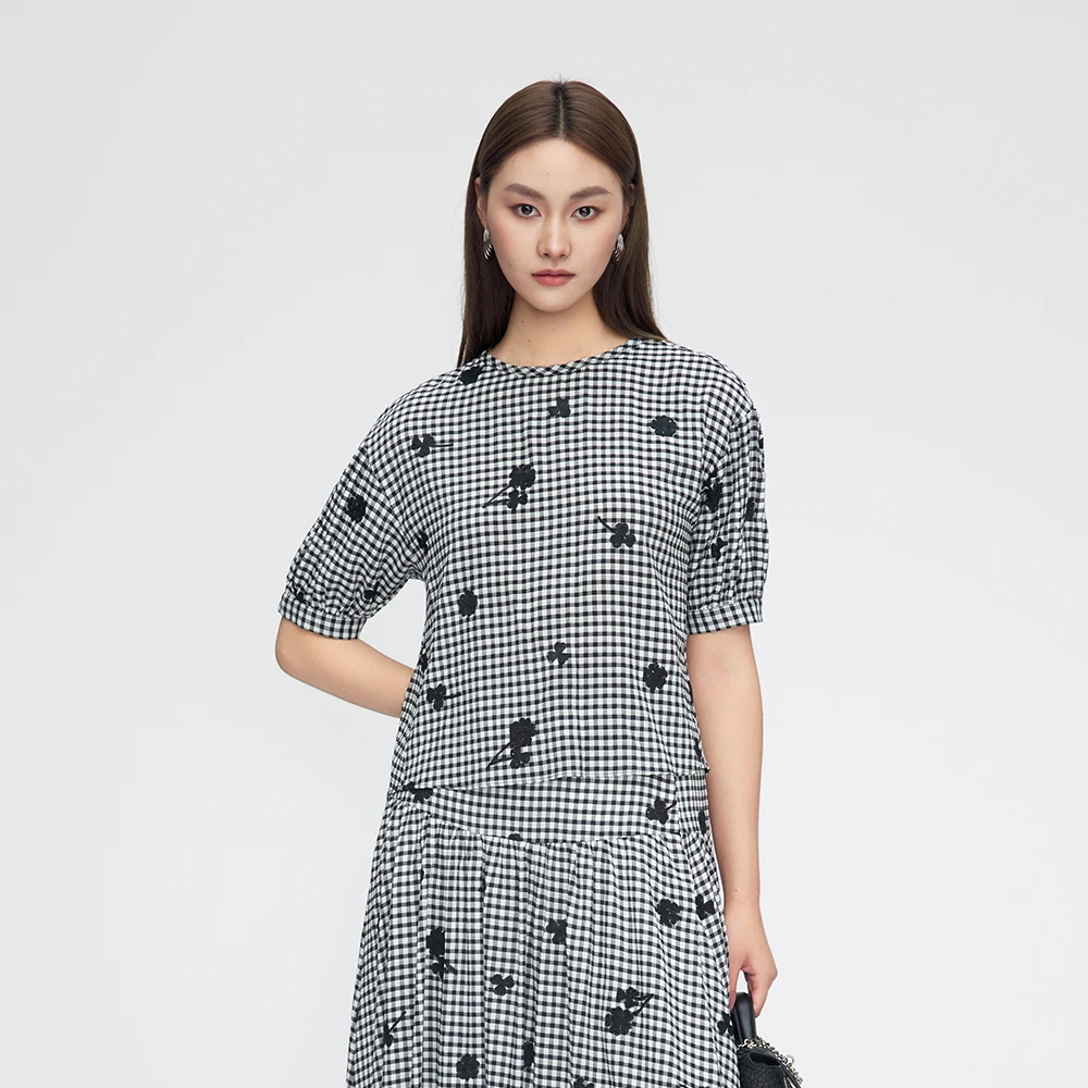 S·DEER圣迪奥女装夏季黑色宽松黑白印花设计师圆领上衣S252Z3214