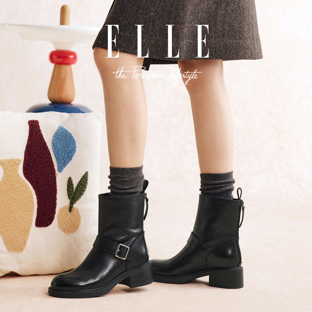 ELLE英伦风真皮搭扣短靴女2025年新款百搭复古套筒粗跟骑士马丁靴