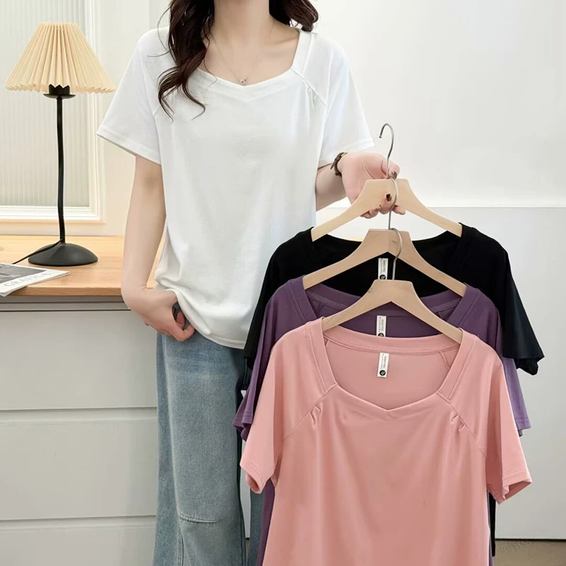 大码女装胖mm夏季简约纯色显瘦遮肉短袖T恤时尚休闲宽松正肩上衣