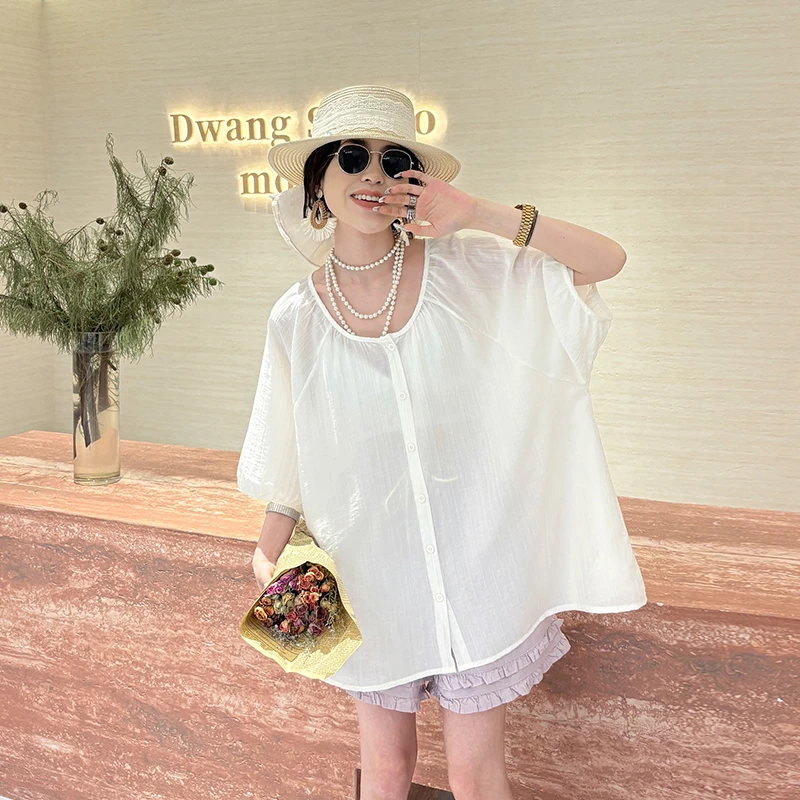 大码女装圆领短袖衬衫薄款透气女240斤胖妹妹显瘦遮肚子减龄洋气