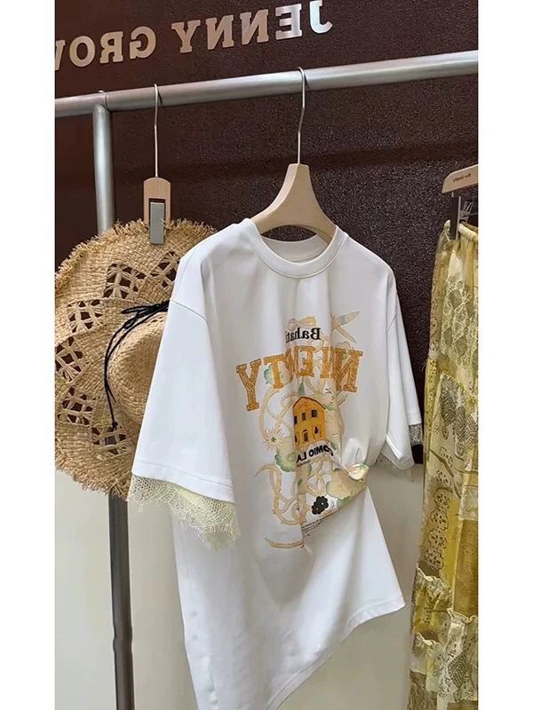 9215t恤上衣短袖白色中长款夏季法式休闲时尚印花短袖