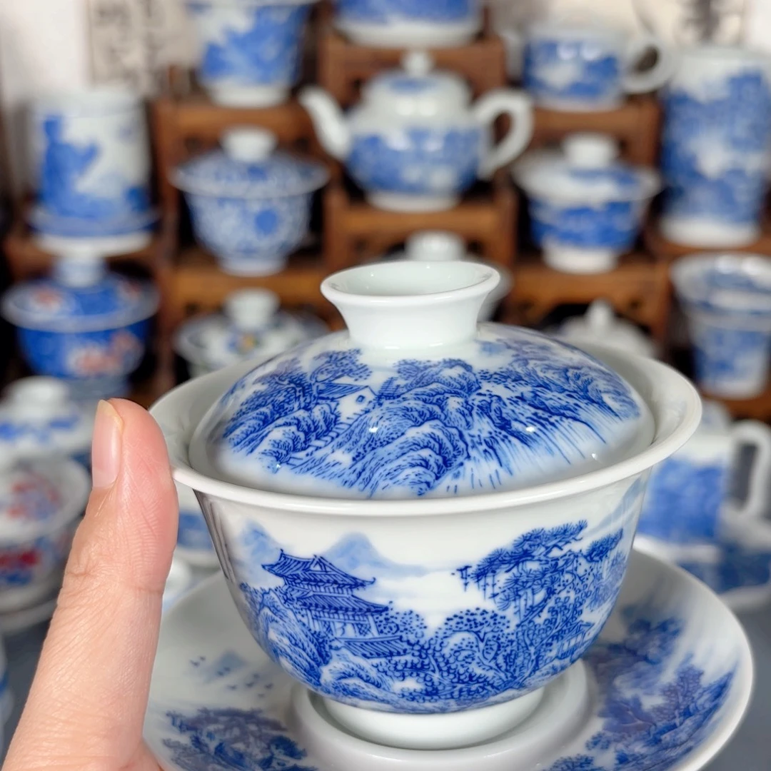 万***哥青花瓷器手绘作品陶瓷盖碗