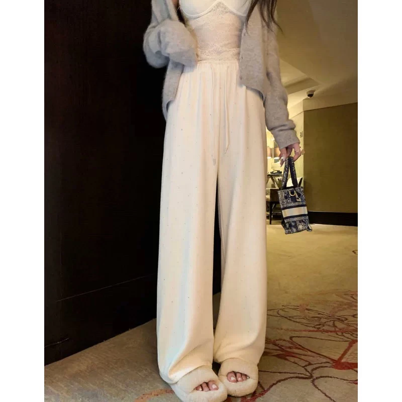 温柔风烫钻加绒软糯休闲裤女秋冬系带松紧腰直筒裤宽松拖地阔腿裤