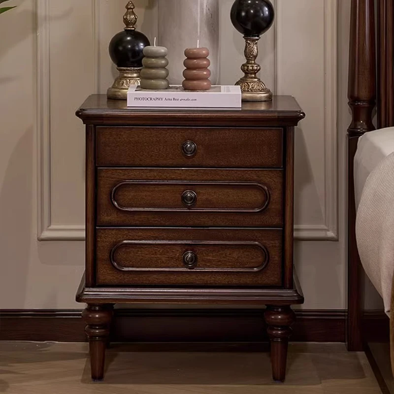 安庭木作复古风美式床头柜床边柜卧室收纳储物柜轻奢欧式床头柜