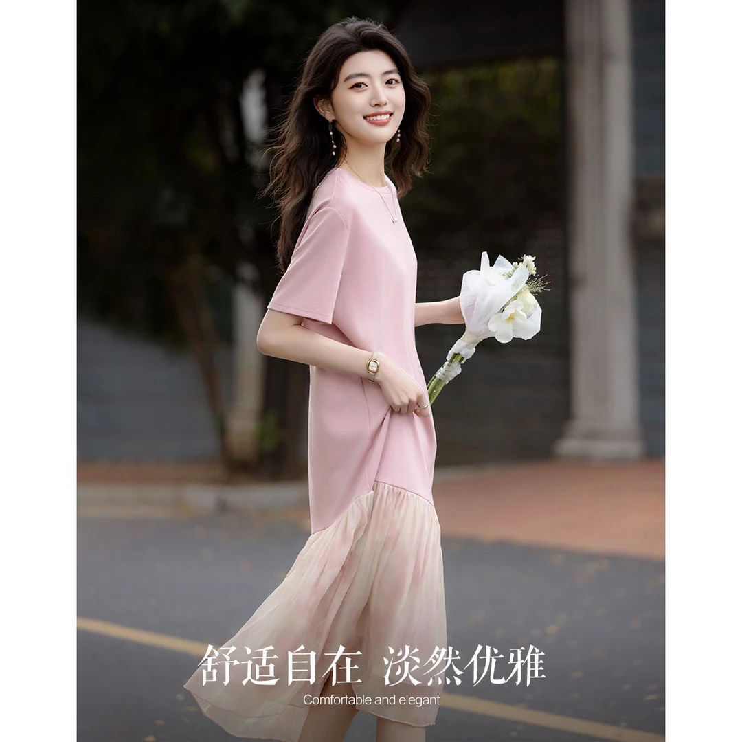 德玛纳｜【周末懒人穿搭】夏季法式圆领宽松腰短袖印花拼接T恤式