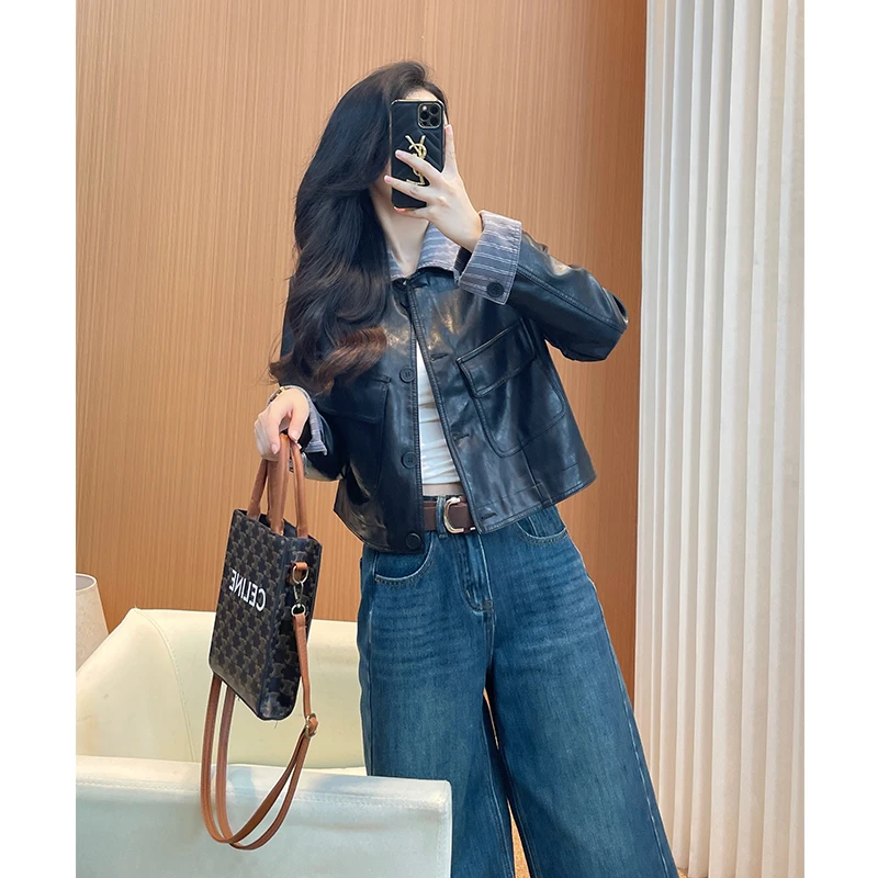 黑色超火皮衣外套女2025新款早秋穿搭短款小个子拼色单排扣机车服