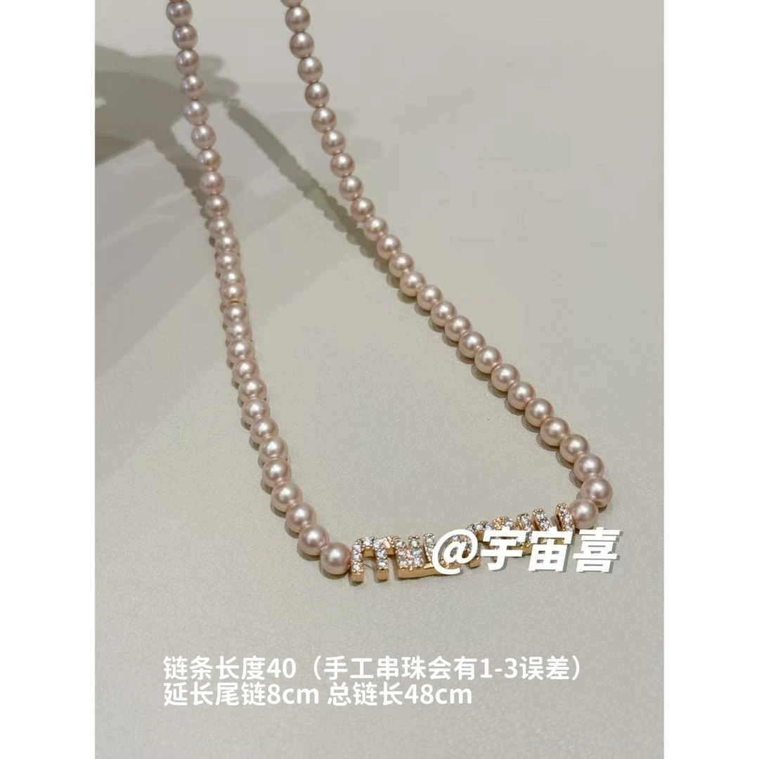 铜合金仿珍珠项链 Q3-086【粉金色小m白锆粉贝珠串珠项链】