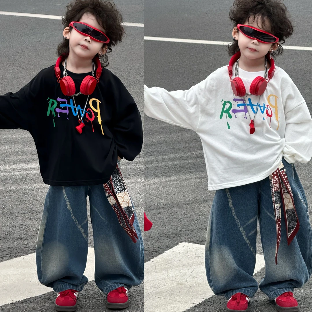 儿童秋季套装2025新款印花长袖T恤时尚百搭牛仔弯刀裤两件套M5