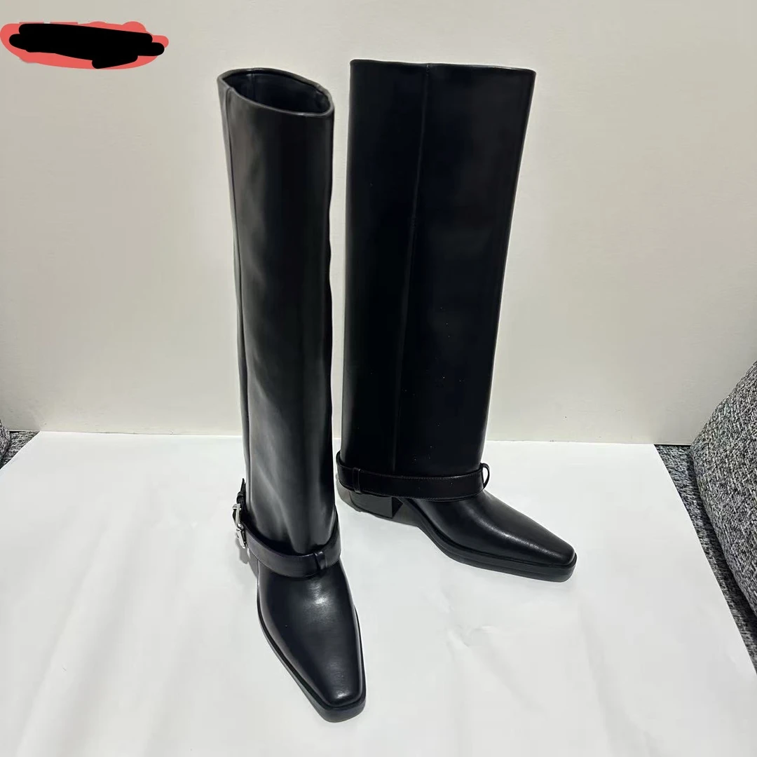 0081/断码不加单/全牛皮粗高跟裤管靴黑色长靴