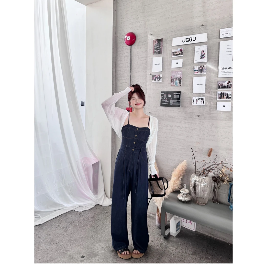 晶咕【蓝调时分】腰部抽绳吊带抹胸高腰显瘦阔腿连体裤