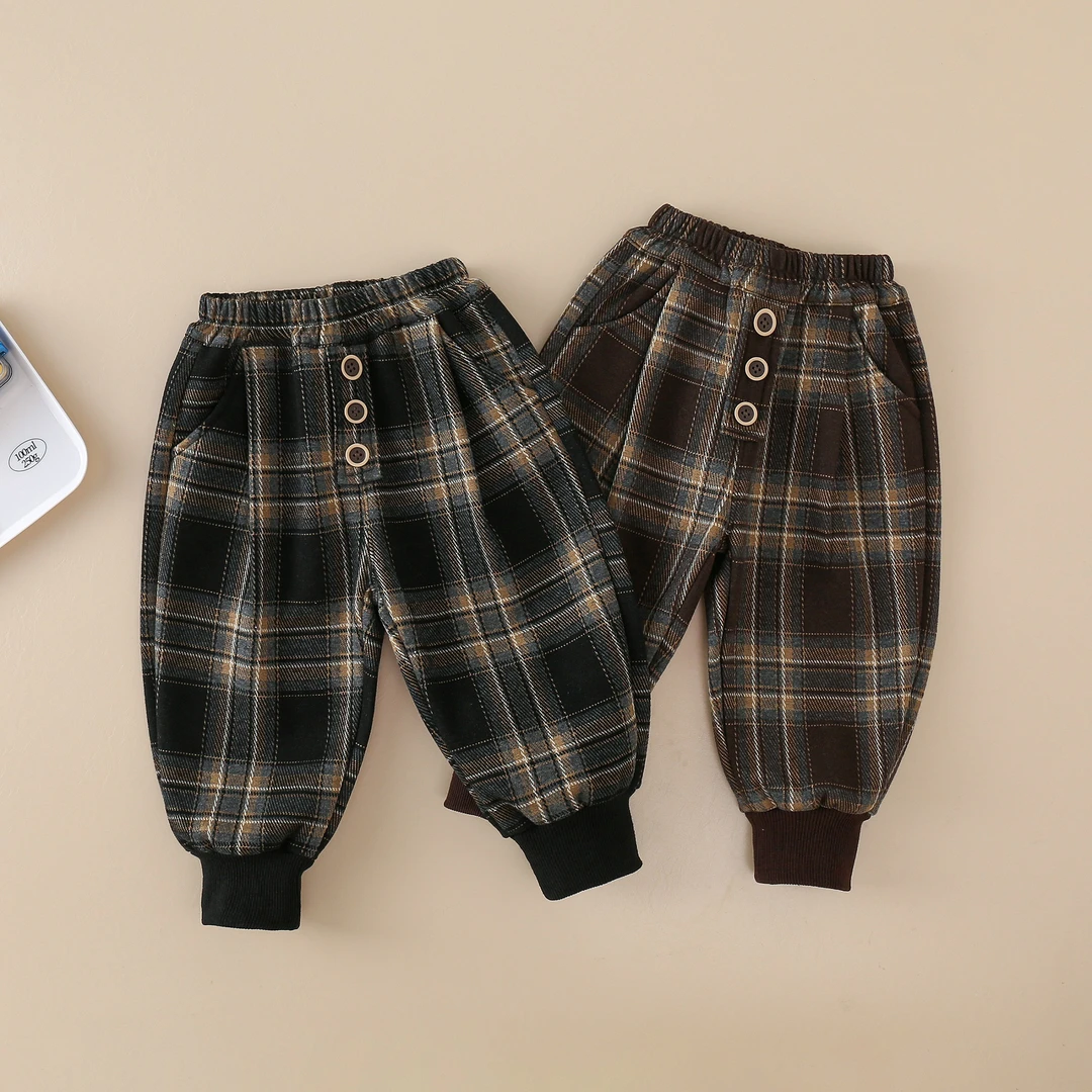 男童一体绒裤子秋冬款儿童加绒格子裤2025新款宝宝冬季休闲童裤潮