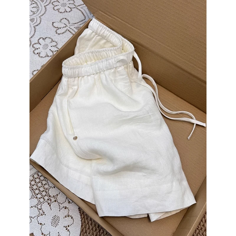白色棉麻休闲阔腿短裤女夏季薄款松紧腰抽绳小个子亚麻a字五分裤