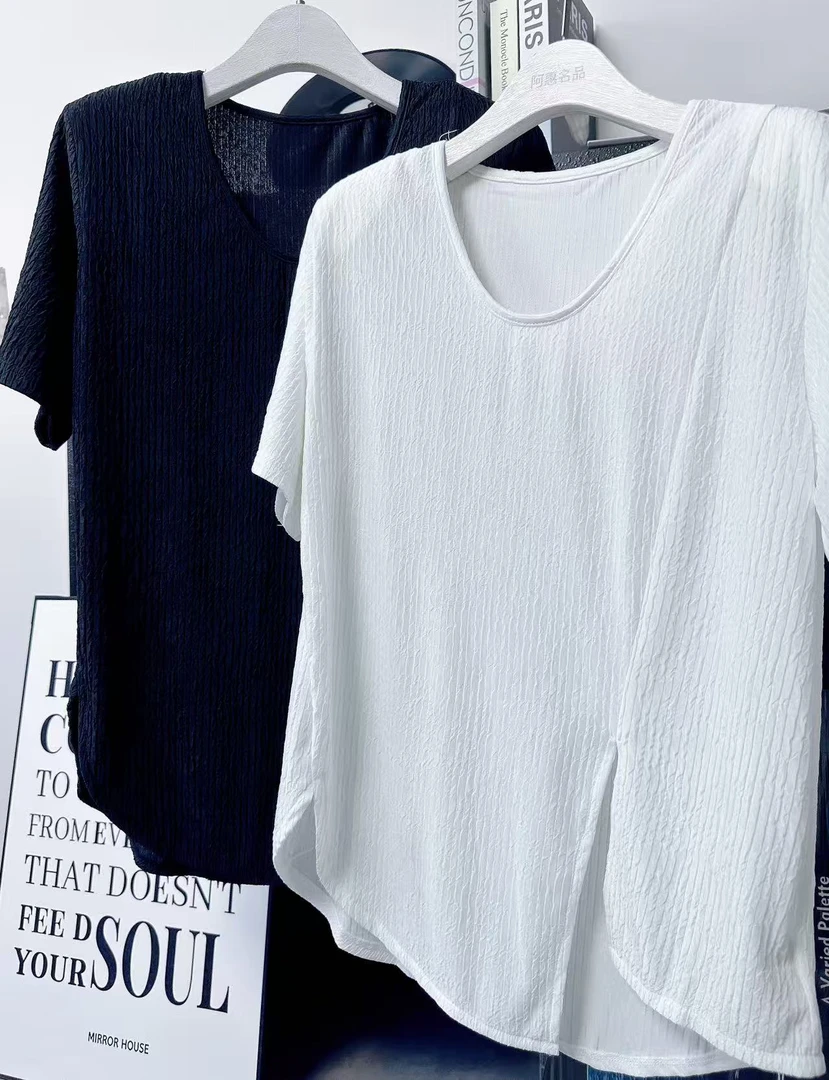 082#纯色开叉褶皱时尚垫肩短袖T恤女潮设计师款2025春夏新