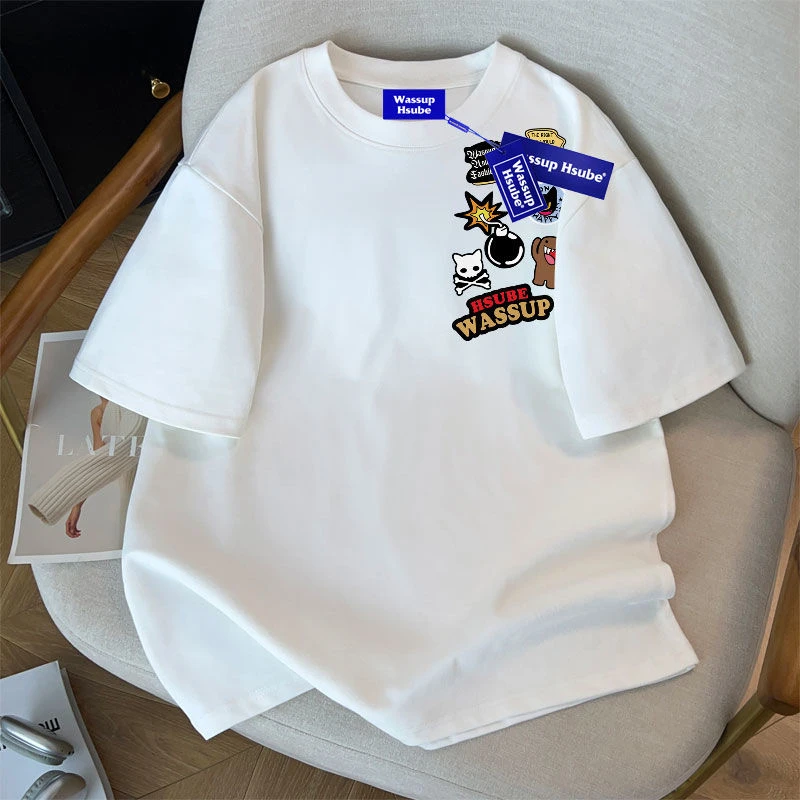 WASSUP HSUBE小众字母印花白色短袖T恤夏季男女宽松百搭纯棉上衣