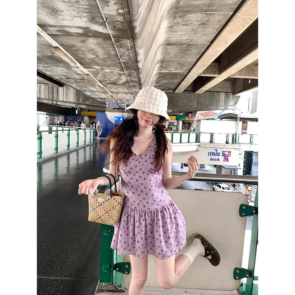 法式气质甜美香芋紫色无袖碎花连衣裙女V领小收腰显瘦无袖a字短裙