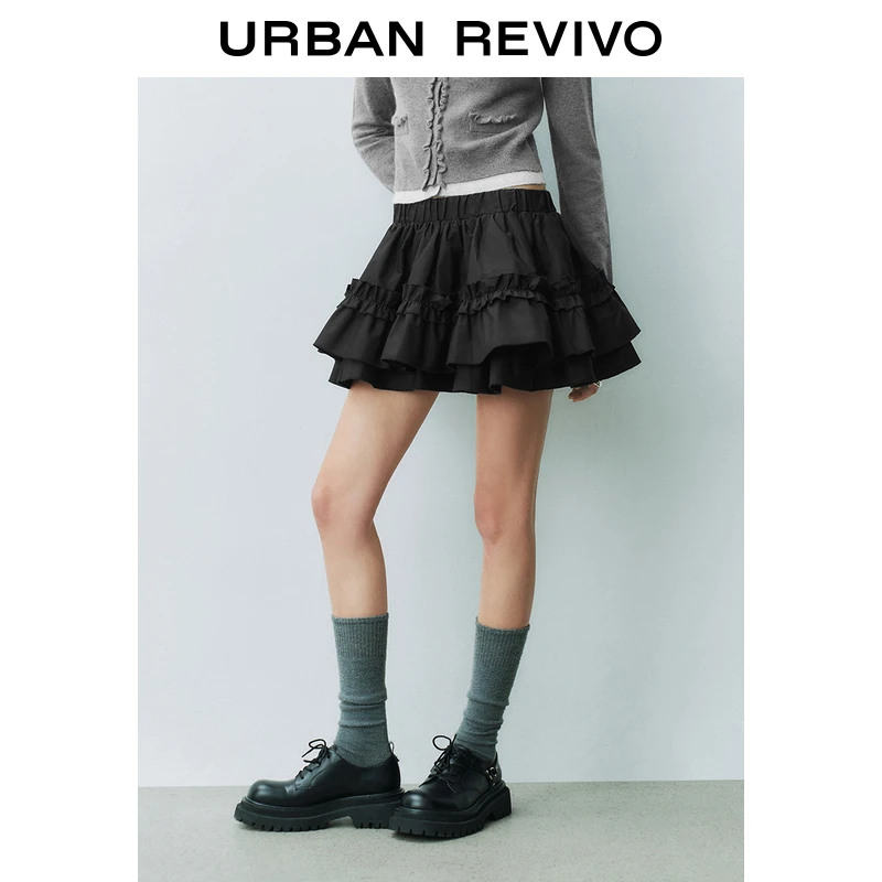 UR2025春季新款女装欧若风木耳边松紧腰超宽松蛋糕半裙UYU550019