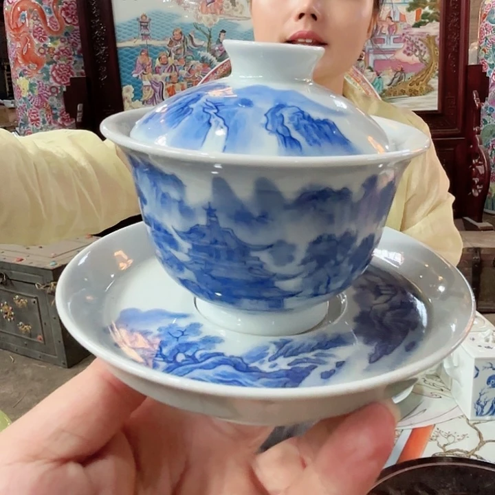 摆件景德镇高温陶瓷青花山水