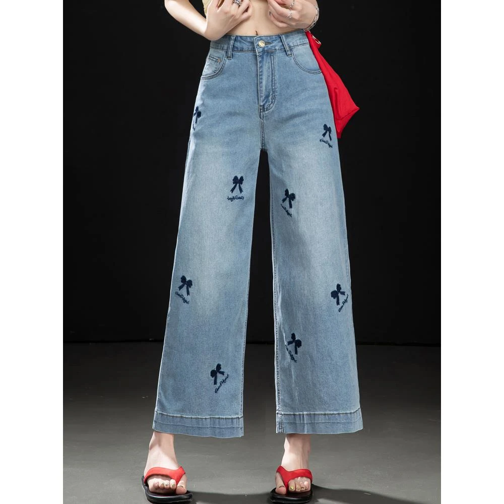 植绒星星刺绣直筒牛仔裤女高腰2025夏季薄款宽松显瘦九分阔腿裤子