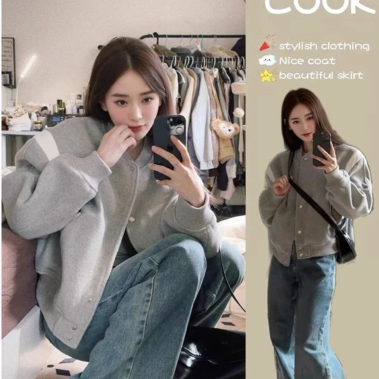 春秋美式复古棒球服短款夹克加绒外套女春季新款感独特设计感上衣